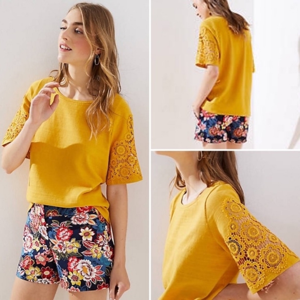 🎉 LOFT Mustard Eyelet Medallion Lace Sleeve Tee